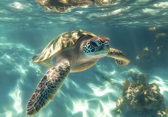 Majestic Sea Turtle Swimming Gracefully Through Crystal Clear Waters Surrounded by Vibrant Marine Life and Lush Underwater Flora