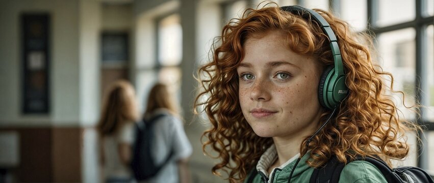 Red-haired young girl with frekles using headphones stands in a school corridor, gazing into the distance, wide horizontal aspect ratio, blurred sunny background with bokeh effect, AI generated