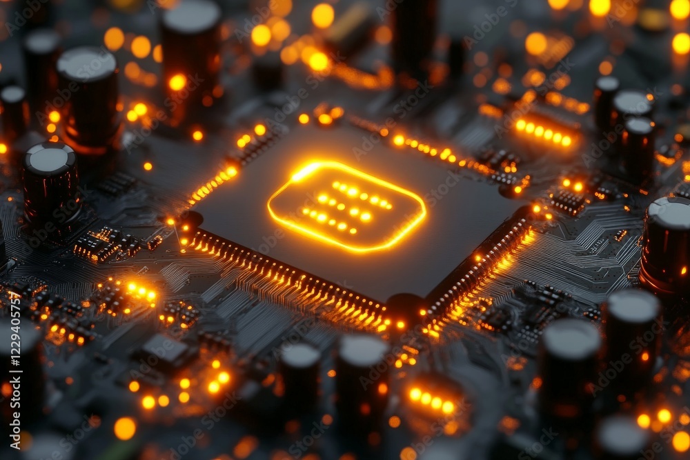 Aufkleber Close up view of a glowing microprocessor on a circuit board highlighting advanced technology