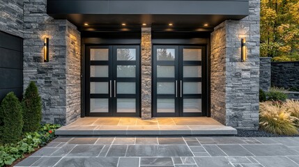 Double Doors Glass in Warm Lighting with Modern Entrance