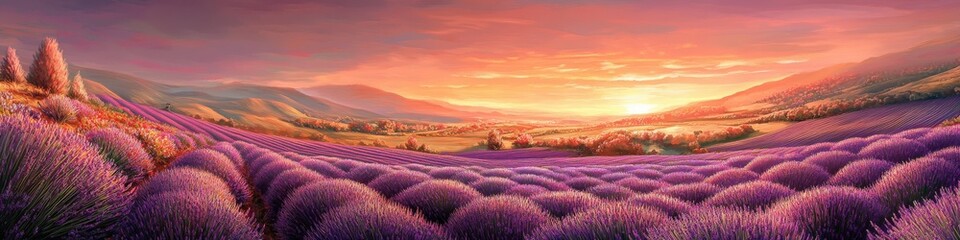 A field of purple flowers with a sunset illuminating the scene