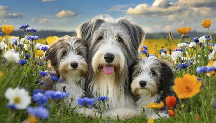 KI generated, animal, animals, mammal, mammals, one, single animal, Bearded Collie, (Canis lupus familiaris), dog, dogs, bitch, hunting dog, dog breed from England, three animals, bitch and two puppies