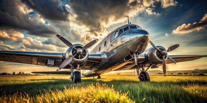 Retro aviation captured: a vintage Li-2's aged metal fuselage and twin engines, viewed from behind in a field.