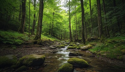 Fototapeta premium A beautiful river meanders through a lush and vibrant green forest