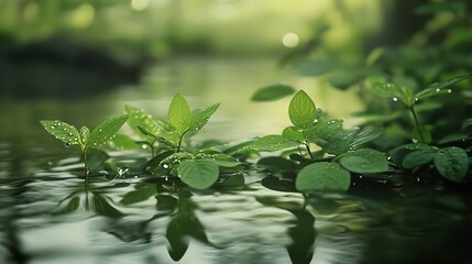 Water reflects the environment. Nature spring photography of raindrops on plant leaves. Background image with blurred greenish leaves.