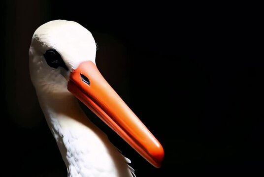 a stork with an orange beak moving the head on a black background