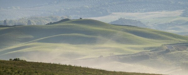 Foggy atmosphere in hilly landscape, province of Siena, Tuscany, Italy, Europe