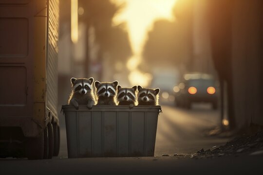 Two raccoons between rubbish bins on a kerser-rich street of a city, in the evening light, AI generated