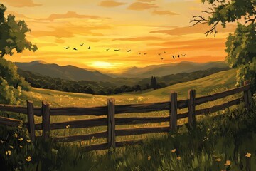 Obraz premium A wooden fence in front with a sunset in the background