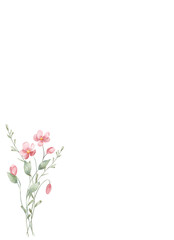 Greeting card template with watercolor flowers, floral  wedding, birthday invitation hand drawing.