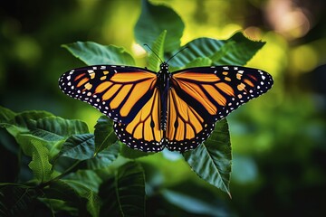 Fototapeta premium Stylized beautifully multicolored yellow monarch butterfly on natural leaves environment, AI generated