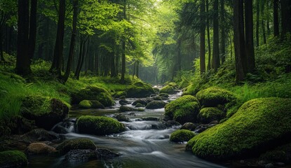 Fototapeta premium A beautiful river meanders through a lush and vibrant green forest