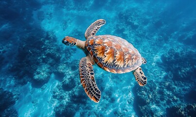 Majestic Sea Turtle Swimming Gracefully Through Vibrant Coral Reef Surrounded by Clear Blue Ocean Waters and Sunlit Underwater Environment