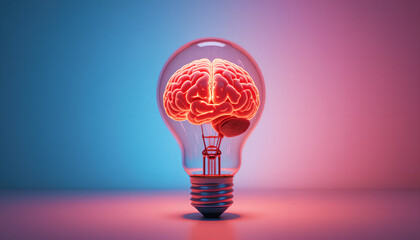 Creative Thinking A Lightbulb with a Human Brain Inside on a Blue Background