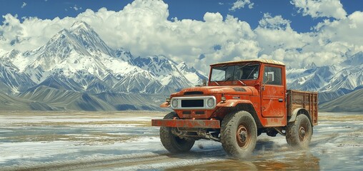 Bright red vehicle driving through a rugged desert with snow-capped mountains and a dynamic sky in the background, AI generated