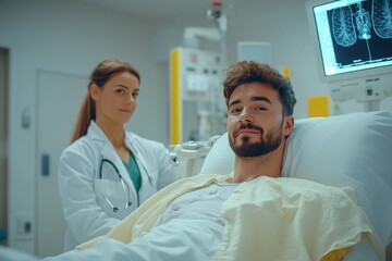 Fototapeta premium Medical professional checking on patient in hospital room during recovery