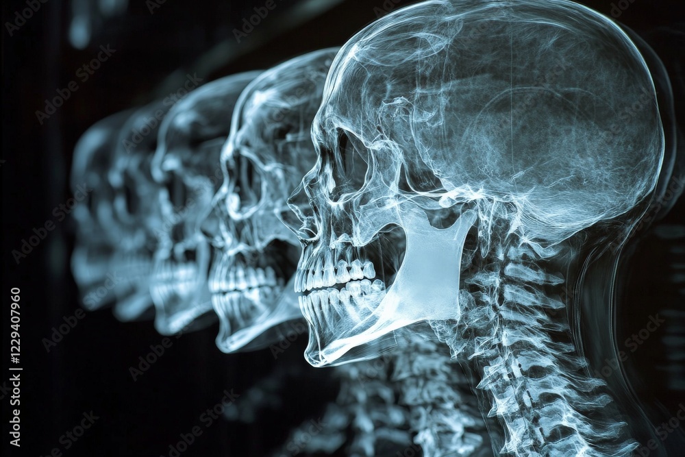 Poster x-ray images of human skulls displayed in a medical facility showcasing anatomical structures and al