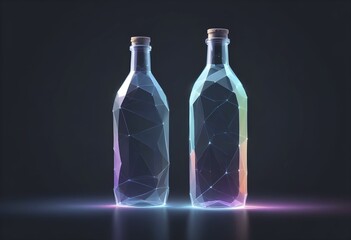 Two geometric neon bottles glowing with multiple colors on a dark background, AI generated
