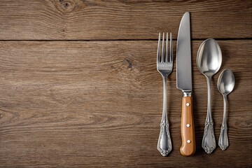 Silver cutlery set with wooden-handled knife placed neatly on wooden background. Rustic style, ideal for dining or kitchen design concepts. Ai generative