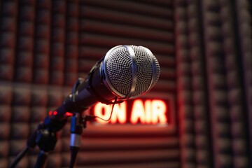 Obraz premium Professional microphone in focus, radio studio setting with red glowing On Air sign in the defocused background. Concept of broadcasting. Ai generative