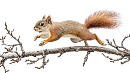 Obraz premium A Red Squirrel Leaping from Branch to Branch, Isolated on White Background, Representing Wildlife, Forest Animals, and Action in Nature, Ideal for 
