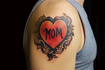 Heart with word MOM tattooed on man's upper arm. KI generiert, generiert AI generated