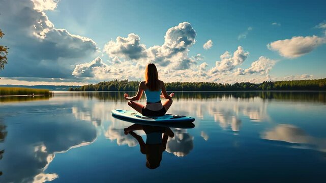 Woman meditates on a sup board in the middle of a lake. Yoga school.