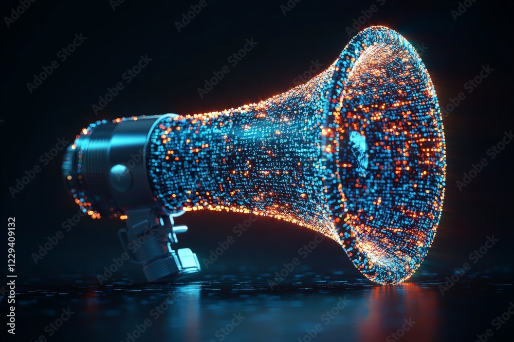 Poster vibrant digital megaphone emitting colorful particles in a futuristic setting