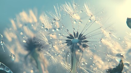 Wildflowers on a bright spring day, Reflections on seeds, dandelion seeds with water drops macro photo