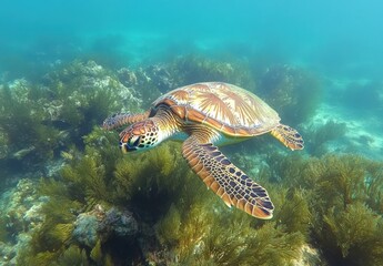 Fototapeta premium Majestic Sea Turtle Swimming Gracefully Through Vibrant Underwater Ecosystem Surrounded by Lush Seaweed in Crystal Clear Ocean Waters
