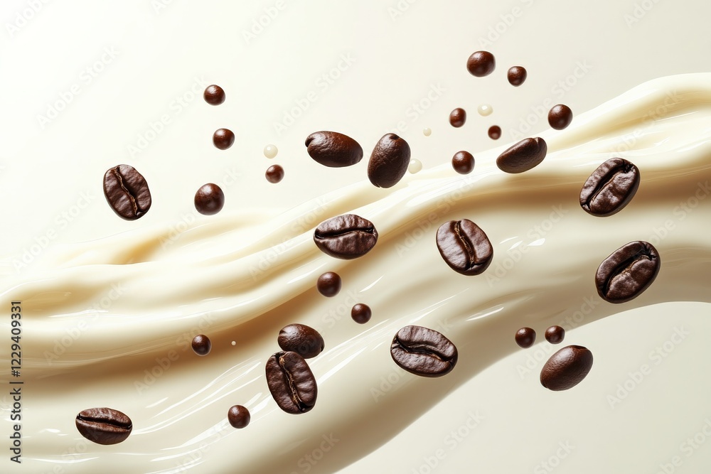 Aufkleber Swirls of cream and coffee beans create a delicious blend of flavors in a visually appealing composition