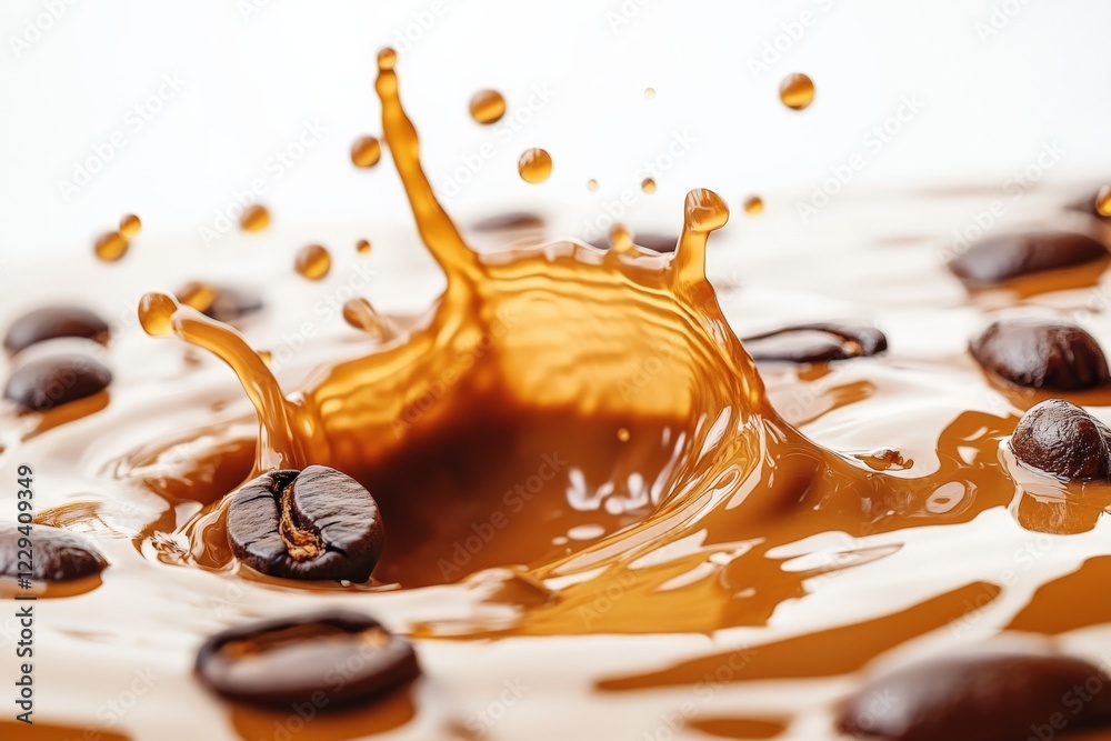Aufkleber coffee beans create dynamic splash in warm brown liquid on white background