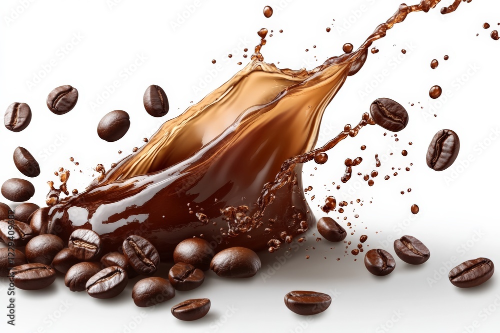 Aufkleber Coffee splash with roasted beans creating an artistic display in a vibrant setting