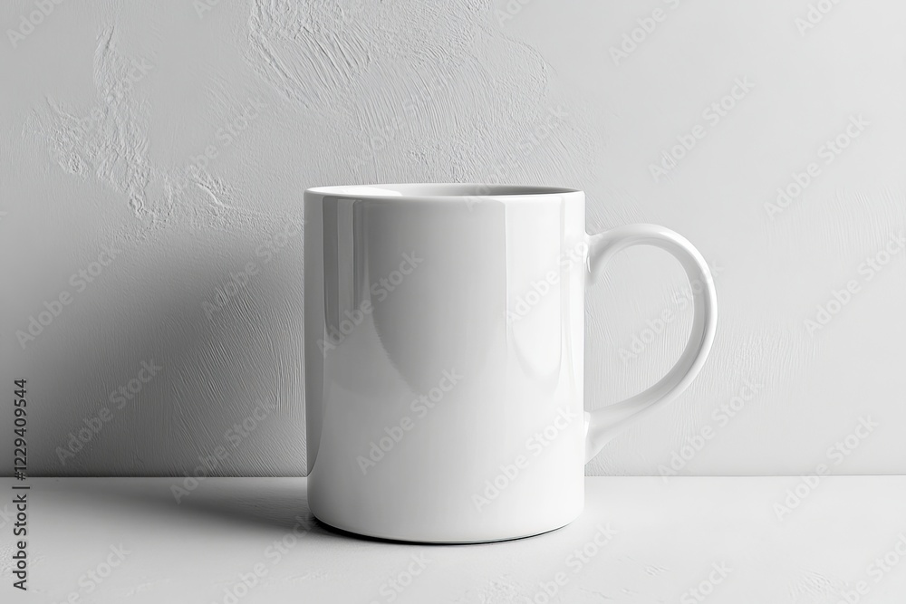 Poster white ceramic mug on a light gray background showcasing minimalistic design and smooth finish with n