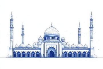 Obraz premium Intricate architectural design of a mosque featuring domes and minarets in blue and white tones
