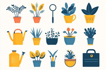 Colorful collection of indoor plants and gardening tools arranged in a cheerful pattern