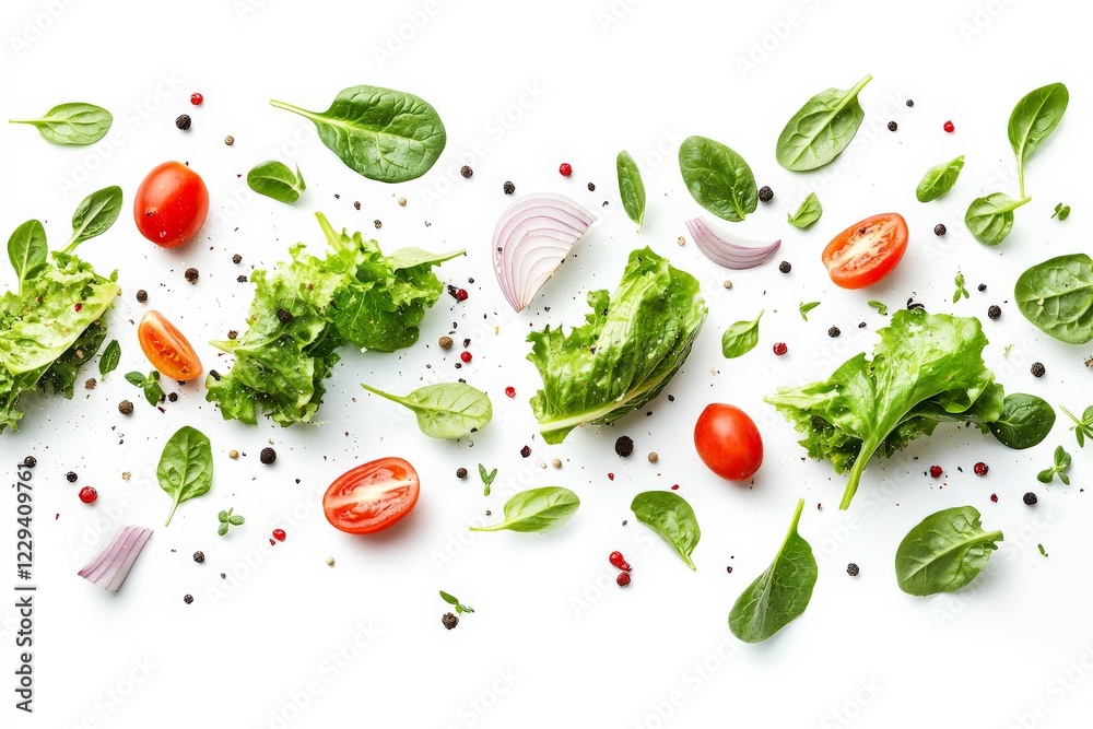 Aufkleber fresh greens and vegetables scattered on a white surface create a vibrant and healthy composition