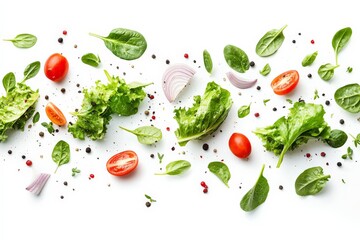 Fresh greens and vegetables scattered on a white surface create a vibrant and healthy composition