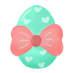 Green mint turquoise easter egg with peach pink bow ribbon pastel color watercolor illustration cute brush heart love pattern hand drawn spring season png transparent cutout clipart digital sticker
