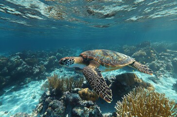 Fototapeta premium Majestic Sea Turtle Swimming Gracefully Underwater Among Vibrant Coral Reef and Clear Tropical Waters of the Ocean