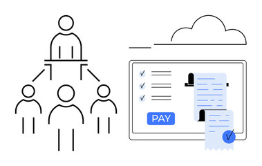 Hierarchical organization structure connecting four people next to online payment interface with receipt and pay button. Ideal for finance, organization, technology, management, online transactions