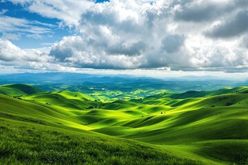 Lush green rolling hills stretch under a vibrant cloudy sky, with distant blue mountains on the horizon. Peaceful rural landscape concept. Ai generative