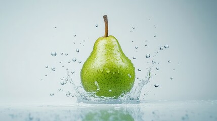 Green Pear with Water Droplets Splashing in Still Life Composition