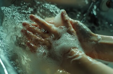 Fototapeta premium A person is thoroughly washing their hands with soap at a sink