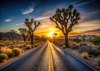Stark Joshua trees punctuate the Arizona desert; a lone road stretches into the minimalist landscape.