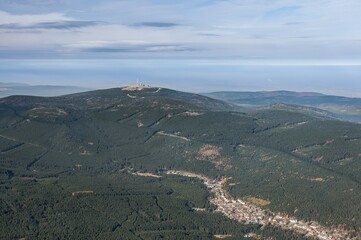 Aerial view, Upper Harz with Brocken Mountain, 1141.2 m above sea level, village of Schierke at the front, Harz National Park, Mittelgebirge Mountains, Saxony-Anhalt, Germany, Europe