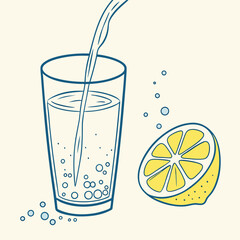 Drinking Water Glass with Lemon Slice and Bubbles