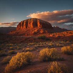 Fototapeta premium A glowing red rock mountain at sunset.