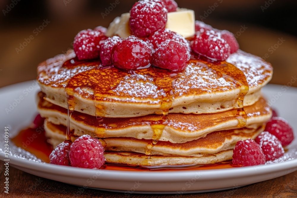 Poster Fluffy pancakes stacked high with fresh raspberries and butter drizzled with syrup at a cozy breakfast spot