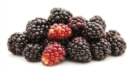 Fresh Ripe Blackberries Piled Together on White Background